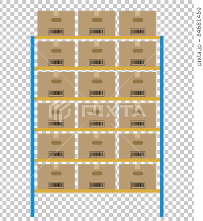 物流通販ロジスティクスイメージのイラスト　段ボールダンボールとラック棚　正面 84681469