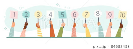 Banner with human hands holding score cards, flat vector illustration isolated. Banner with human hands holding score cards, flat vector illustration isolated. 84682433