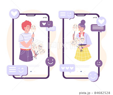 Man and woman hide their emotions under mask on social media. Impostor syndrome vector illustration. Man and woman hide their emotions under mask on social media. Impostor syndrome vector illustration. 84682528