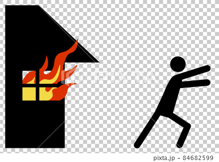 燃える家から逃げる人のピクトグラムのイラスト素材