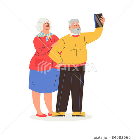 Old age retired people use phone or tablet, flat vector illustration isolated. 84682666