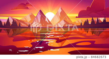 Sunset landscape with lake, mountains and trees Sunset landscape with lake, mountains and trees 84682673
