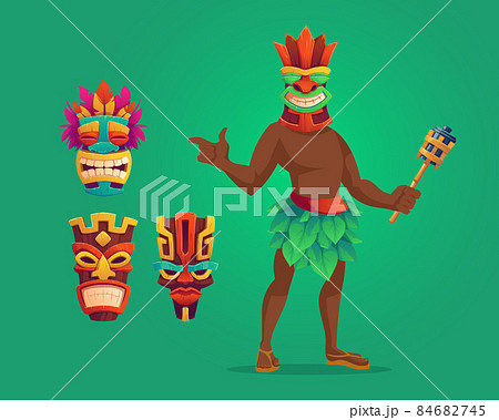 Tiki man with torch and masks, wooden totems set Tiki man with torch and masks, wooden totems set 84682745