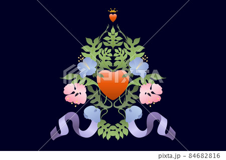 Heart decorated with flowers and leaves, golden crown on the top, lilac ribbon. 84682816