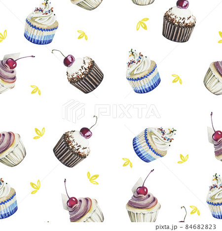 seamless pattern of cupcakes watercolor painting isolated on white background 84682823