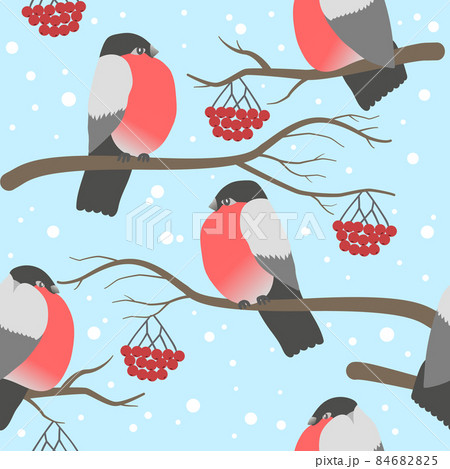 winter seamless pattern with bullfinches on the branches with berries of rowanberry 84682825