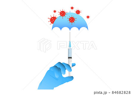 Doctor's hand is wearing a glove with a syringe injection vaccination medicine. 84682828