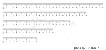 Scale of ruler with numbers set. Horizontal measuring chart with 30, 25, 20, 25, 10 centimeters markup. Distance, height or length measurement 84683485