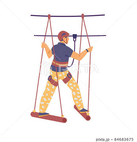 Man in safety equipment explores rope park, flat vector illustration isolated on white background. 84683675
