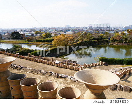 大阪　八尾市　心合寺山古墳　円筒埴輪と南北の周濠（南西方向、初冬） 84683839