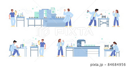 Set of scientists, lab assistants producing coronavirus vaccine in flat vector 84684956