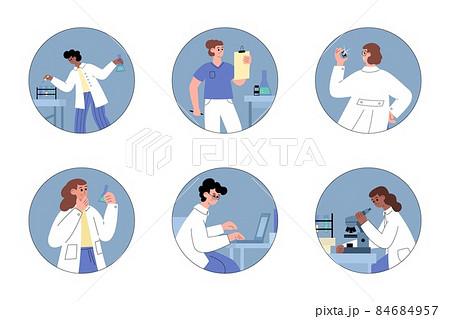 Set of round compositions with laboratory scientists producing coronavirus vaccine 84684957