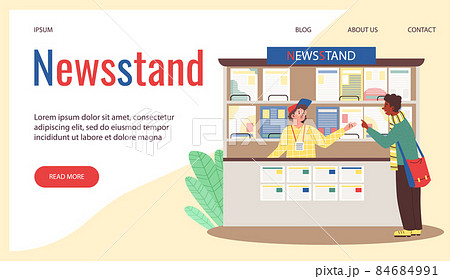 Newsstand with seller and buyer buying newspaper magazine or journal for reading Newsstand with seller and buyer buying newspaper magazine or journal for reading 84684991