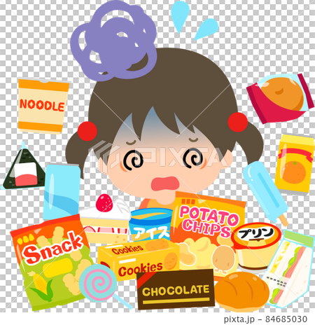 ジャンクフードに埋もれて目を回す女の子 84685030