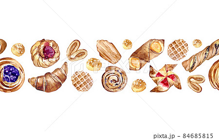 Seamless Border Of Watercolor Baked Pastry のイラスト素材