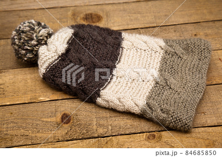 Handmade wool knitted winter brown and white hat 84685850