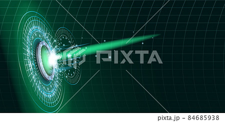 Teleport futuristic portal circle science, sky-fi digital, tunnel with light rays and glows, podium, projector. HUD menu user interface. Vector illustration, black green background 84685938