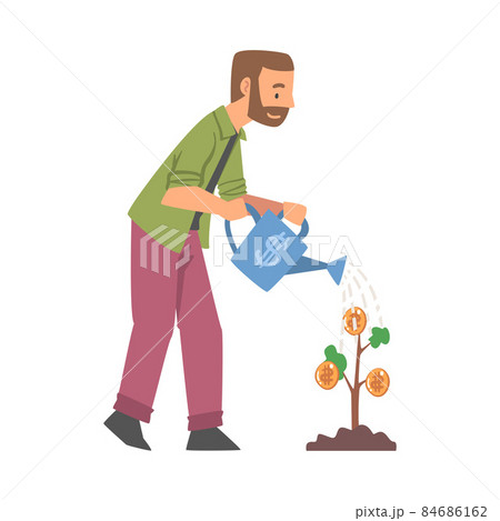 Bearded Man Character with Watering Can Cultivating Money Tree Vector Illustration 84686162