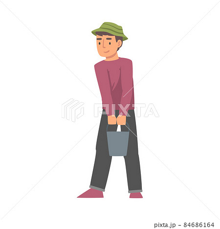 Young Man with Bucket Working in the Garden or Yard Vector Illustration 84686164