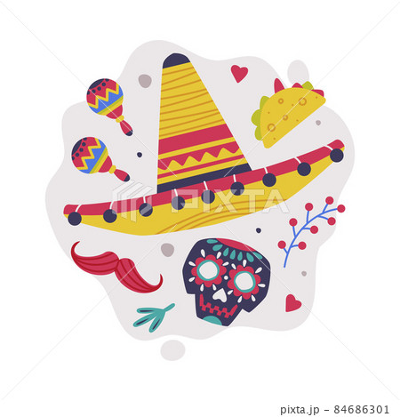 Bright Mexico Object with Sombrero Hat and Skull Element Vector Composition 84686301