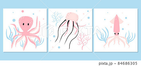 Vector set of baby posters with sea animals. Hand drawn squid, octopus and jellyfish poster set for nursery. 84686305