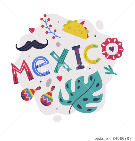 Bright Mexico Object with Maraca, Inscription and Moustache Element Vector Composition 84686307