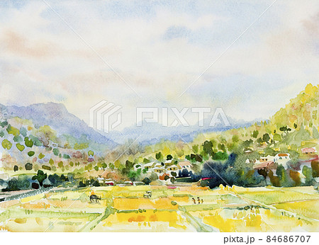 Painting of Village mountain and rice field farm. 84686707