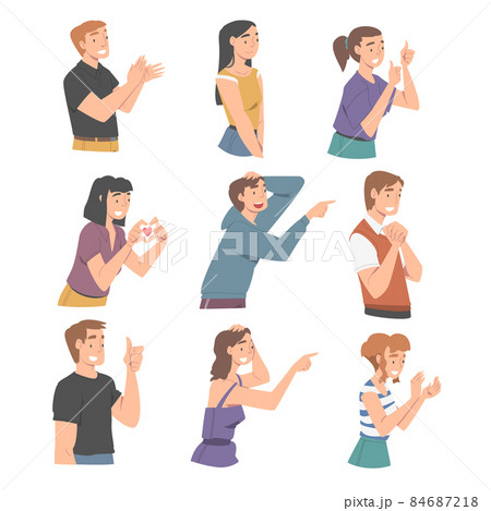 Excited People Character Looking at Someone Clapping Hands and Showing Thumb Up Vector Set 84687218