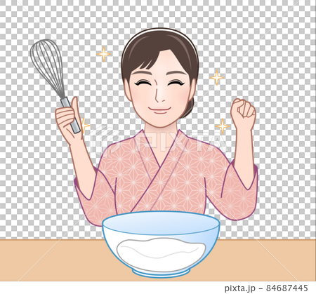 A woman wearing kimono and cooking A woman wearing kimono and cooking 84687445