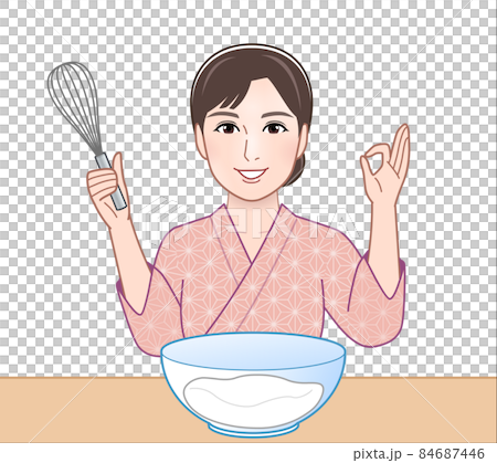 A woman wearing kimono and cooking A woman wearing kimono and cooking 84687446