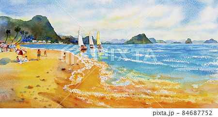 Panorama of seascape boat sail on sea. 84687752