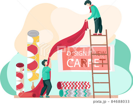 Manufacture of carpets concept. Men are working on design of new carpet, select materials for rug 84688033