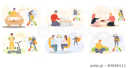 Set of illustrations about good and bad habits of people. Immunity level changes due to lifestyle Set of illustrations about good and bad habits of people. Immunity level changes due to lifestyle 84688111