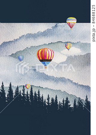 Painting of hot air balloon, pine mountain forest. 84688125