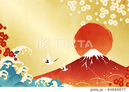 梅と鶴と富士山と初日の出と波の縁起のいいベクターイラスト背景の