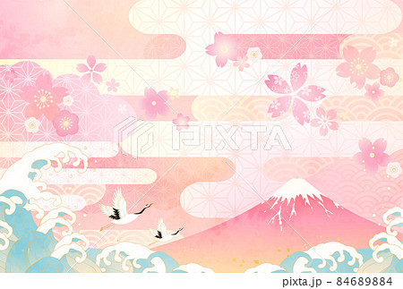 桜と富士山と波と鶴のおめでたいパステルカラーのベクターイラスト背景のイラスト素材 8464