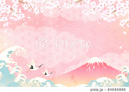 桜と富士山と波と鶴のおめでたいパステルカラーのベクターイラスト背景 84689886