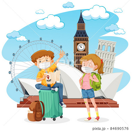 Couple tourist wearing mask travel during covid-19 pandemic 84690576
