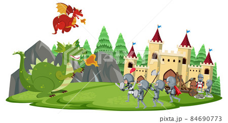 Knights fight with dragon at the castle Knights fight with dragon at the castle 84690773