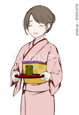 おっとり笑顔でお茶を支給する着物姿の女性のイラスト素材