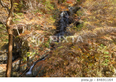 山梨県山梨市三富上釜口　笛吹川に架かる滝　名瀑一之釜の隣に流れる釜沢の滝の紅葉 84691164