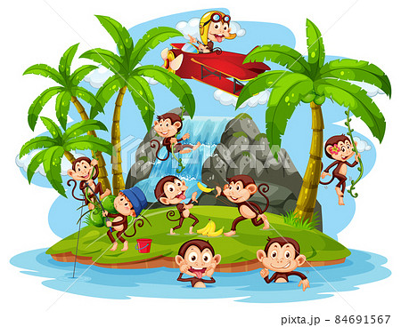 Isolated island with little monkeys cartoon 84691567