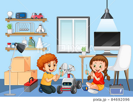 Children fixing a robot together in the room scene Children fixing a robot together in the room scene 84692096