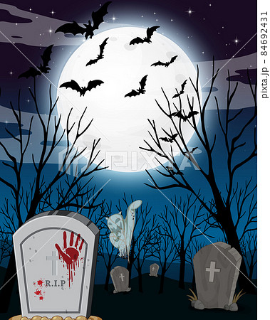 Forest cemetery at night with full moon Forest cemetery at night with full moon 84692431