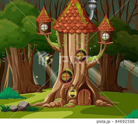 Fantasy Forest Background With Tree House Stock Illustration