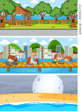 Set of different horizon scenes background with doodle kids cartoon character Set of different horizon scenes background with doodle kids cartoon character 84692757