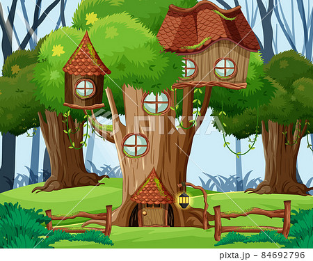 Fantasy forest scene with tree houses Fantasy forest scene with tree houses 84692796
