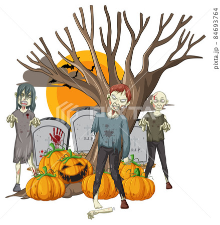 Creepy zombies with scary pumpkin and gravestone 84693764