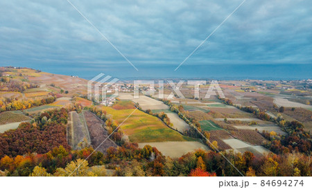 Aerial view of The Langhe, hilly area in Piedmont. Aerial view of The Langhe, hilly area in Piedmont. 84694274
