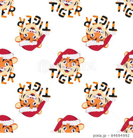 Seamless pattern with happy tiger, symbol of New Year in red Christmas Santa hat. Print for holiday decoration with orange striped lettering 84694992